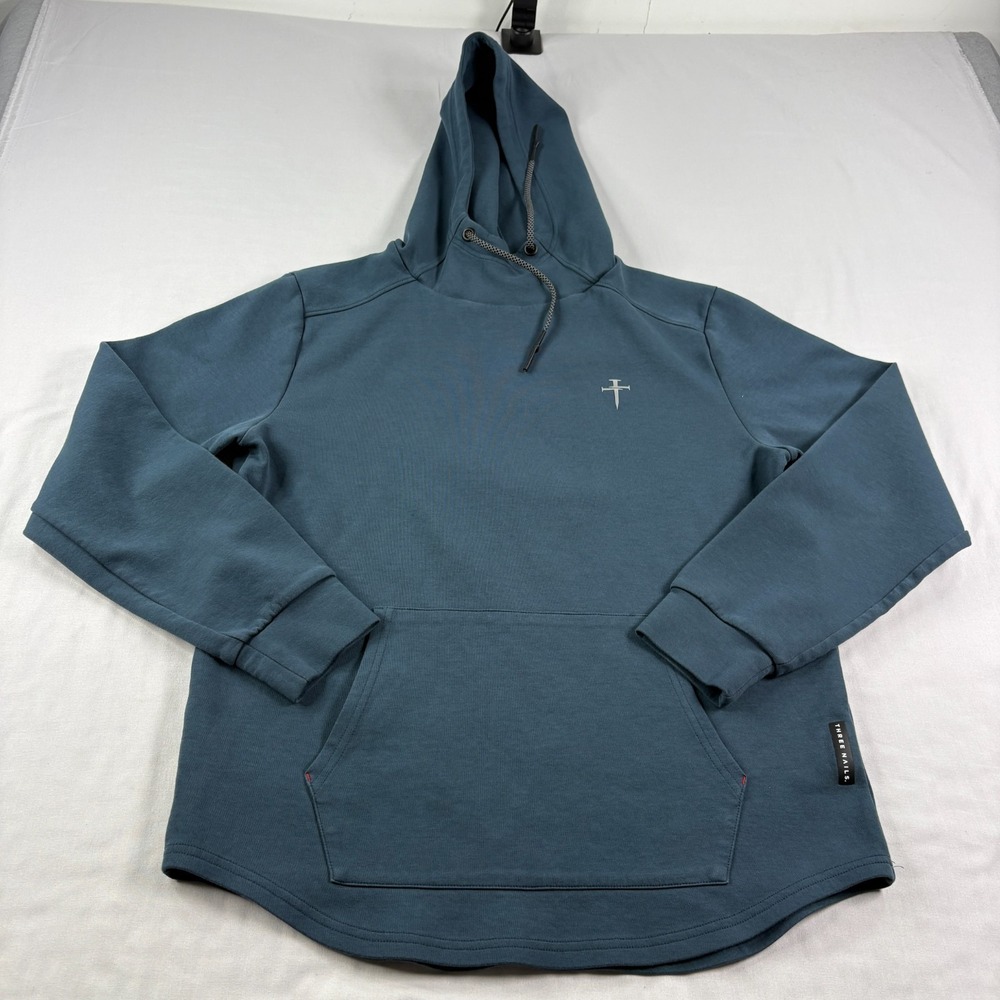Three Nails Hoodie Mens Medium Blue Pullover Sweatshirt Stretch Cross Logo